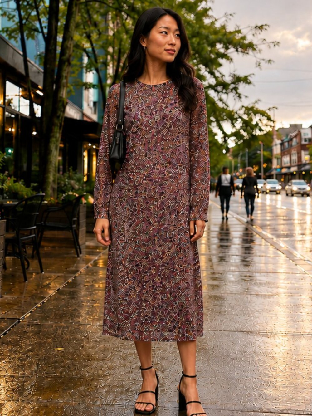 AFRM Burgundy Fuchsia Floral Mesh Midi Dress Long Sleeve Stretch Boho Size Large